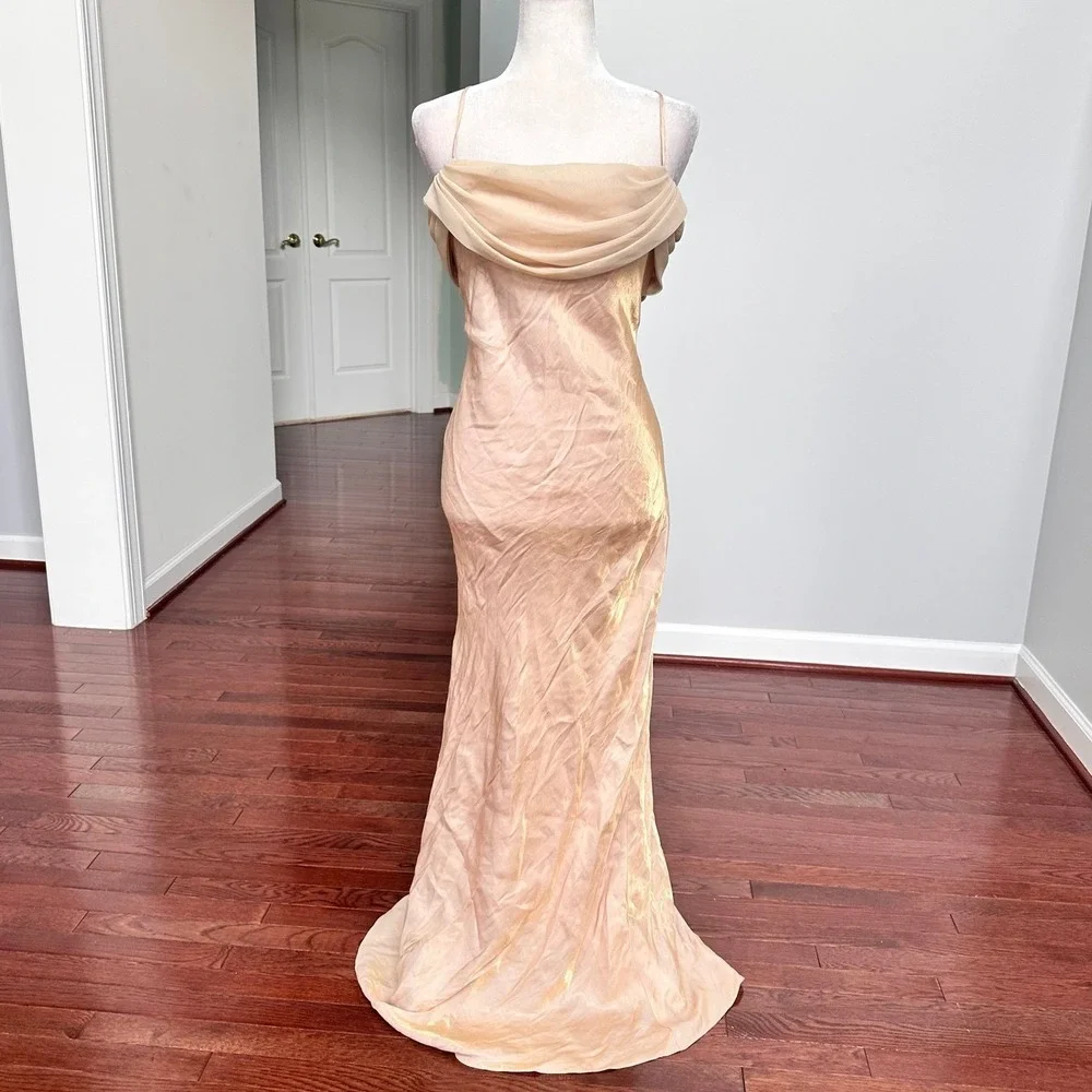 Vintage 2000s Dollar Metallic Gold Cowl Neck Simple Elegant Fairy Gown Dress XL - Picture 1 of 12